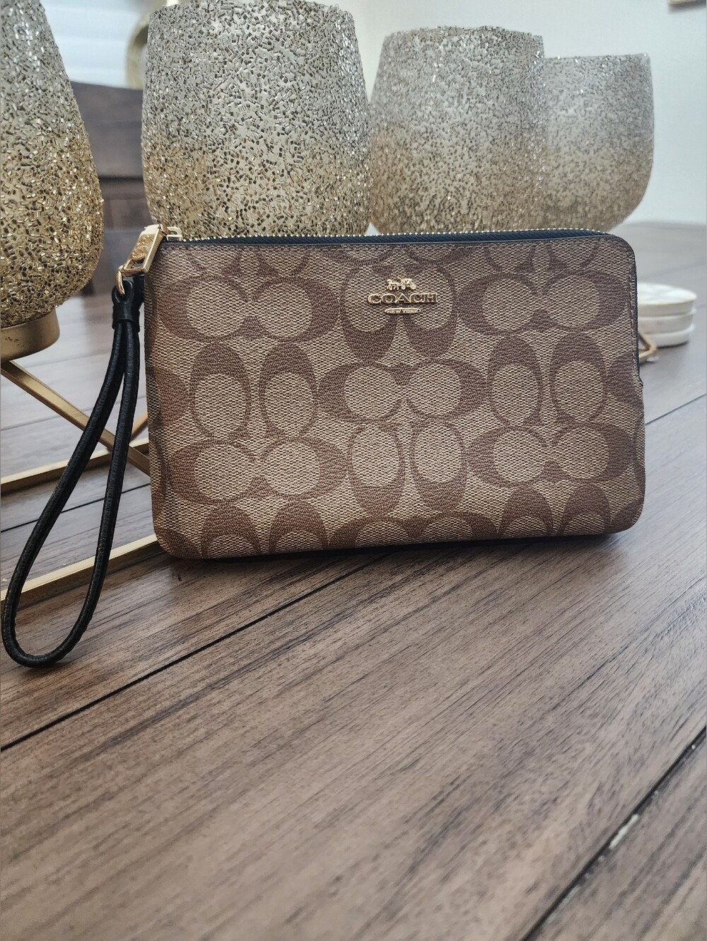 Coach Signature Canvas Wristlet in Brown/Tan
